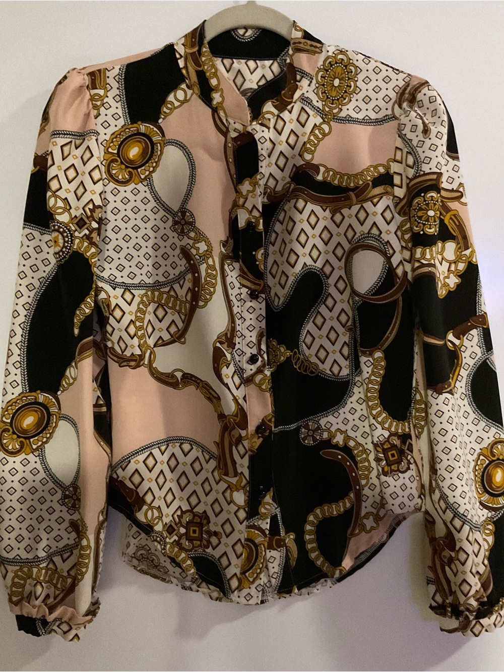 SHEIN Pink Black Cream Chain-Print Long Sleeve Blouse